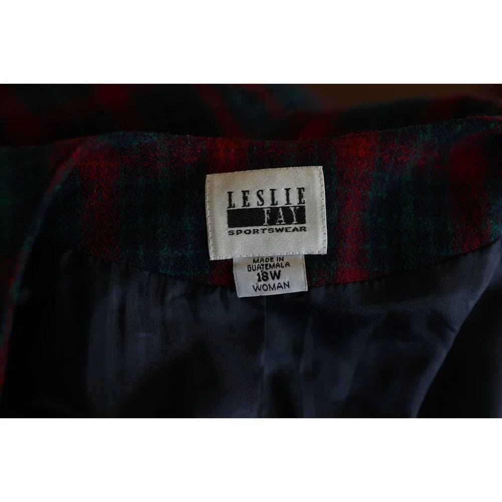 Vintage Leslie Fay Blazer Jacket Womens 18W Christmas Green Red Plaid Wool